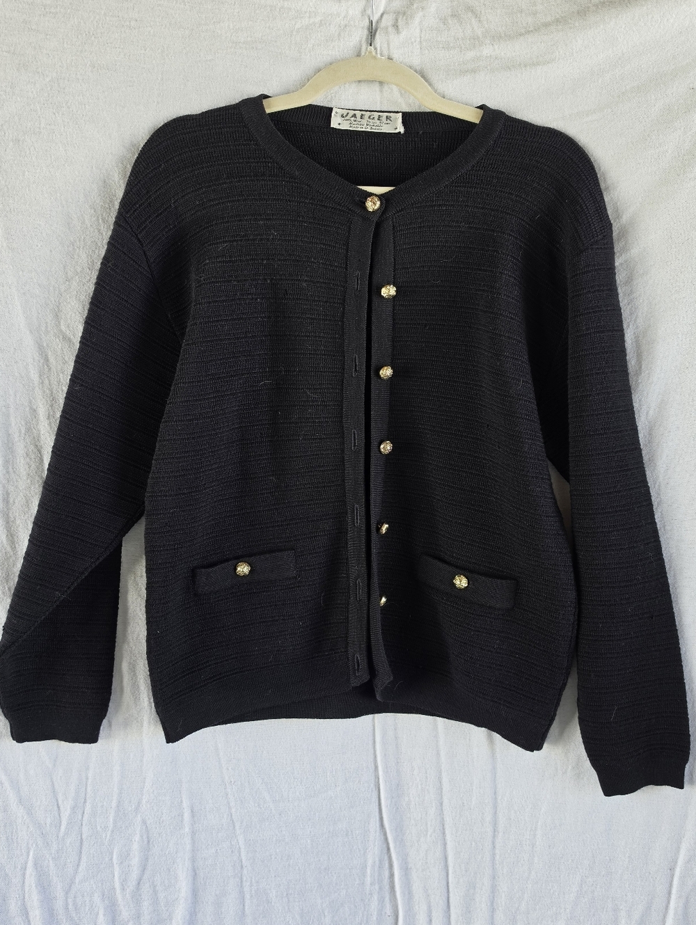 Jaeger Vintage Wool Cardigan Sweater Black Gold Buttons Made in Britain Classic